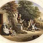 Schilderij met een handwerkende vrouw en spelende kinderen bij een woning, met kerk op de achtergrond